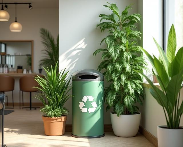 Estación de reciclaje y plantas en el salón